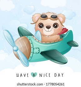 Cute little bear flying with airplane illustration