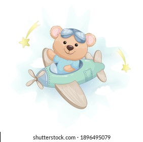 Cute little bear flying on plane. Adorable bear cartoon character. Stock vector illustration on white background