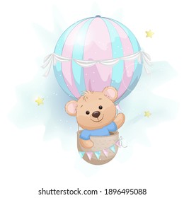 Cute little bear flying on air balloon. Adorable bear cartoon character. Stock vector illustration