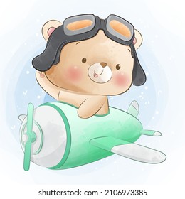 Cute little bear flying on plane cartoon watercolor illustration