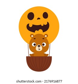 Cute little bear flying on Halloween hot air balloon. Cartoon animal character for kids t-shirts, nursery decoration, baby shower, greeting card, invitation. Vector stock illustration