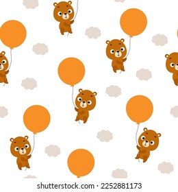 Cute little bear flying on balloon seamless childish pattern. Funny cartoon animal character for fabric, wrapping, textile, wallpaper, apparel. Vector illustration