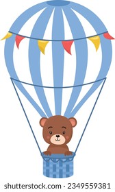 Cute little bear flying on hot air balloon.blue hot air balloon