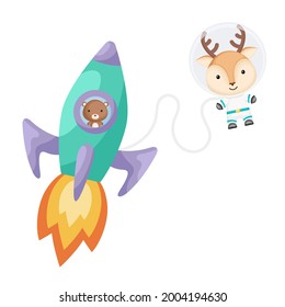 Cute little bear flying in turquoise rocket. Cartoon deer character in space costume with rocket on white background. Design for baby shower, invitation card, wall decor. Vector illustration