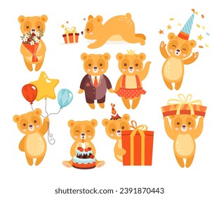 Cute little bear forest wild animal celebrating birthday party event vector illustration. Funny kawaii character wearing festive accessories, holding flower bouquet, gift box, cake, balloons bunch set