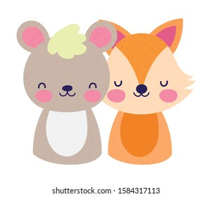 cute little bear and fox cartoon design vector illustration