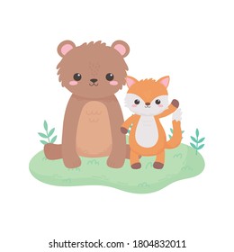 cute little bear fox tree meadow cartoon animals in a natural landscape vector illustration