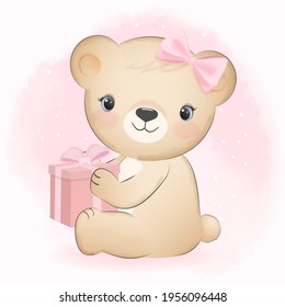 Cute Pequeño Oso y caja de regalo, dibujos animados de acuarela animal