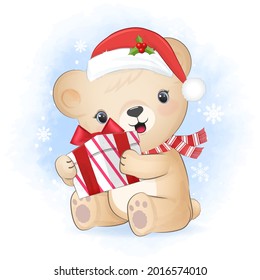 Pequeño oso oso lindo con caja de regalo en invierno e ilustración navideña.