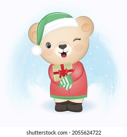 Cute little bear and gift box. Christmas season illustration.