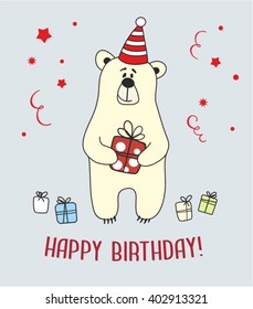 The cute little bear with gift. Vector illustration greeting card. Happy Birthday!