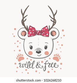 Cute little bear girl with deer horns. Wild and Free slogan. Vector illustration for kids. For t-shirt, mug, bag and other uses