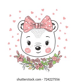 Cute little bear girl with flowers. For print, t-shirt, baby clothes, childish design