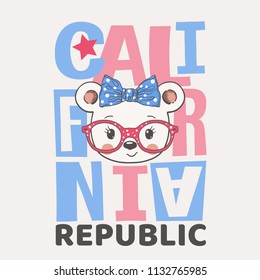 Cute little bear girl with glasses. California Republic slogan. Hand drawn vector illustration for children print design, kids t-shirt, baby wear