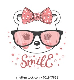 Cute little bear girl with glasses. Smile slogan