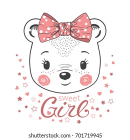 Cute little bear girl. For print, t-shirt, baby clothes, childish design