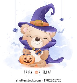 Cute little bear for halloween day with watercolor illustration