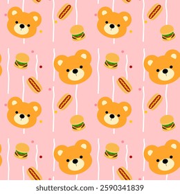 Cute little bear, hamburger, hotdog, on pink background, white lines, fabric pattern , gift wrapping paper pattern, seamless pattern 