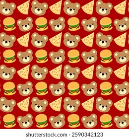 Cute little bear,  hamburger, hotdog, on red background,  fabric pattern , gift wrapping paper pattern, seamless pattern 