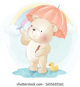 Cute little bear hanging umbrella in raining day