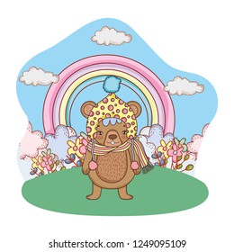 cute little bear with hat in the camp