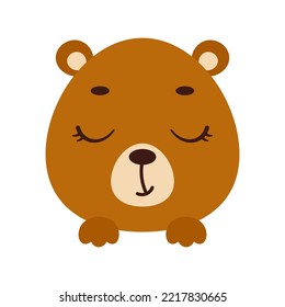 Cute little bear head with closed eyes. Cartoon animal character for kids t-shirts, nursery decoration, baby shower, greeting card, invitation, house interior. Vector stock illustration