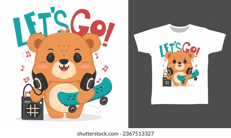 Cute little bear with headphone tshirt art fashion design.