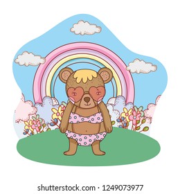 cute little bear with heart sunglasses in the camp