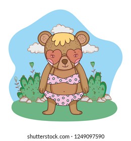 cute little bear with heart sunglasses in the camp