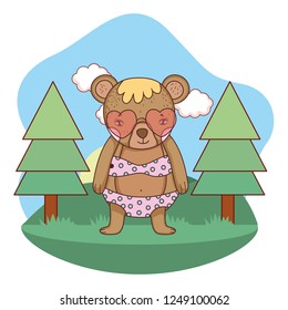 cute little bear with heart sunglasses in the camp