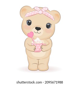 Cute Little Bear and heart valentine's day concept illustration