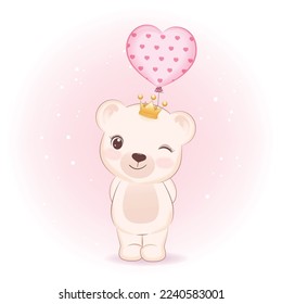 Cute Little Bear holding balloon Valentine's day concept illustration