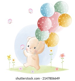 Cute little bear holding balloons watercolor illustration