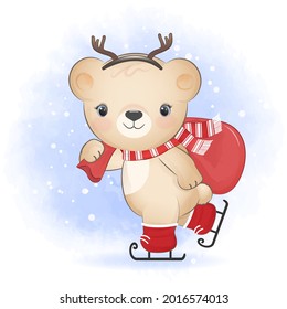 Cute little bear holding gift bag on ice skates, Christmas season illustration