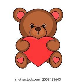 Cute little bear holding heart vector illustration, decorative element for greeting card, banner, sticker.