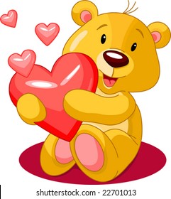 Cute little bear holding red heart. Vector illustration