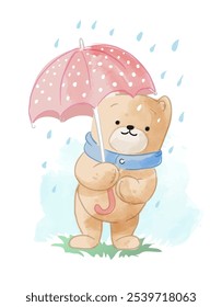cute little bear holding umbrella in the rain cartoon illustration
