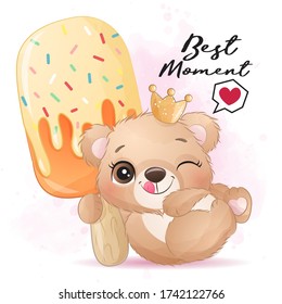 Cute little bear hugging a ice cream