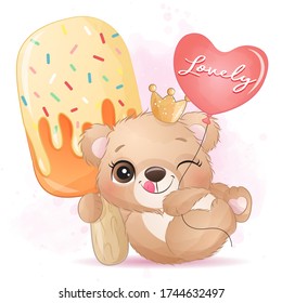 Cute little bear hugging a ice cream illustration