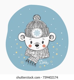 Cute little bear with knitted cap, scarf. Winter time. Hand drawn illustration