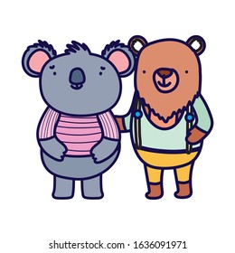 cute little bear and koala with clothes cartoon character vector illustration