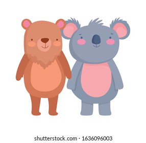 cute little bear and koala together cartoon character vector illustration