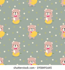 Cute little bear and lemon seamless pattern
