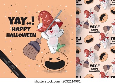 Cute little bear with magic broom Halloween with seamless pattern: can be used for cards, invitations, baby shower, posters; with white isolated background
