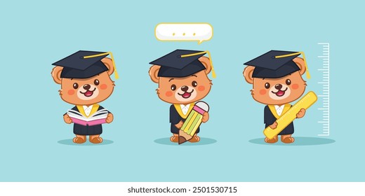 Cute little bear mascot in graduation cap with stationary in classroom. illustration vector premium.