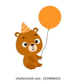 Cute little bear on birthday hat keep balloon on white background. Cartoon animal character for kids cards, baby shower, invitation, poster, t-shirt, house interior. Vector stock illustration.