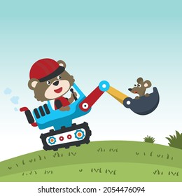 Cute little bear on a blue excavator. Can be used for t-shirt print, kids wear fashion design, print for t-shirts, baby clothes, poster. and other decoration.