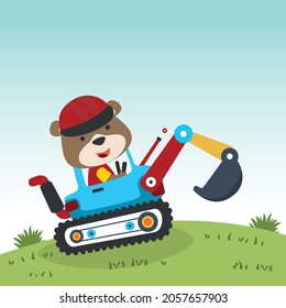 Cute little bear on a blue excavator. Can be used for t-shirt print, kids wear fashion design, print for t-shirts, baby clothes, poster. and other decoration.