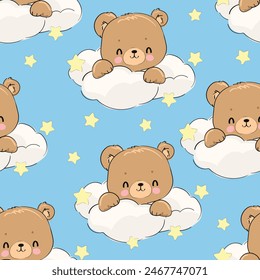 Cute little bear on the cloud seamless pattern, vector illustration, Hand Drawn Cute kids graphics prints for pajamas textile