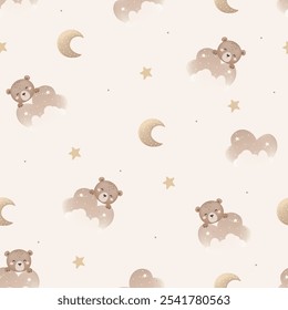 Cute little bear on the cloud seamless pattern design, vector illustration, Hand Drawn Cute kids graphics prints for pajamas textile
